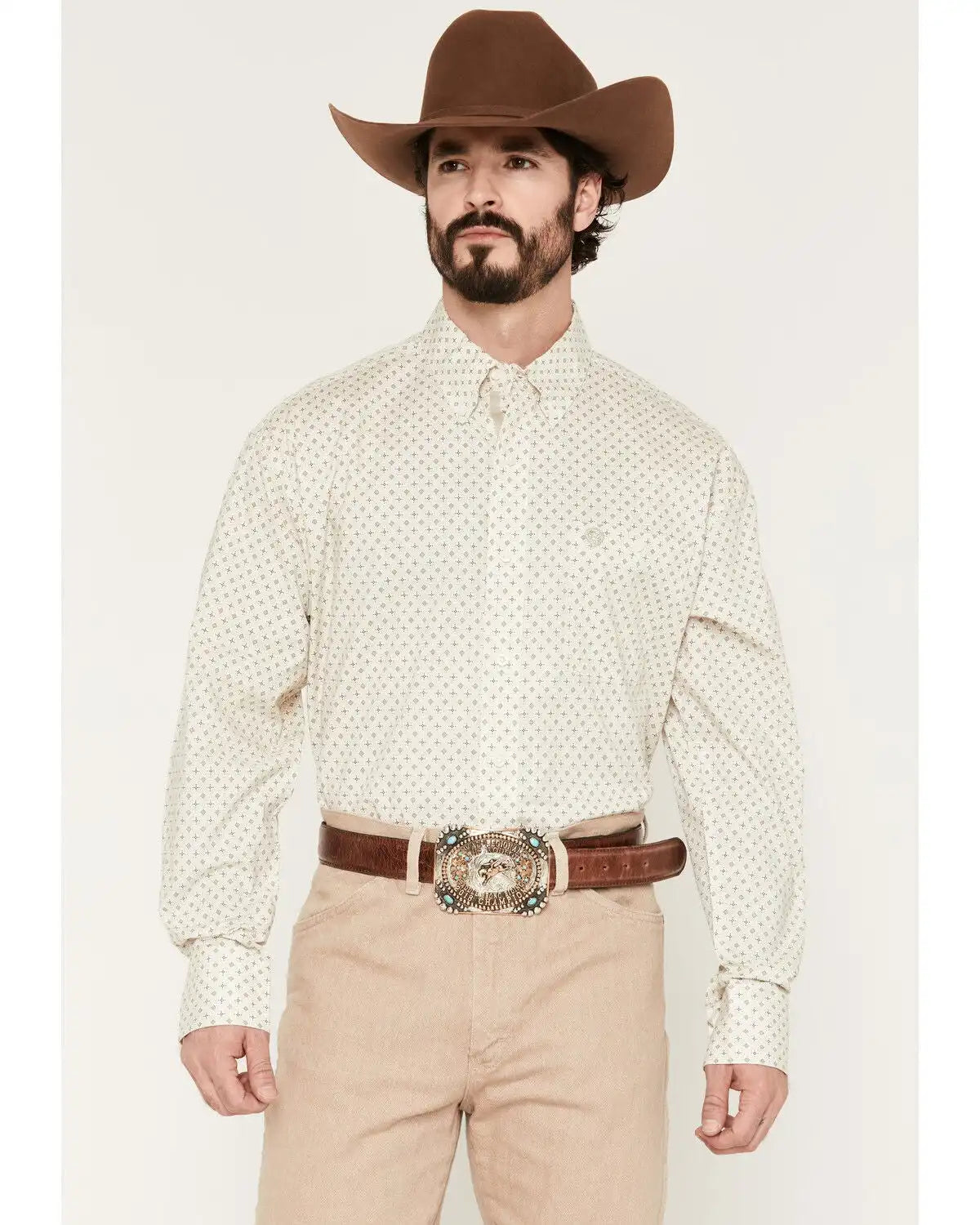 George Strait by Wrangler Men's Geo Print Long Sleeve Button-Down Stretch Western Shirt
