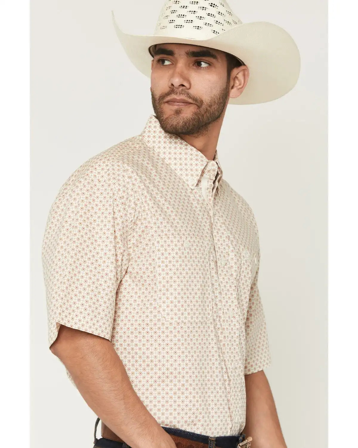 George Strait by Wrangler Men's Geo Print Short Sleeve Button-Down Stretch Western Shirt