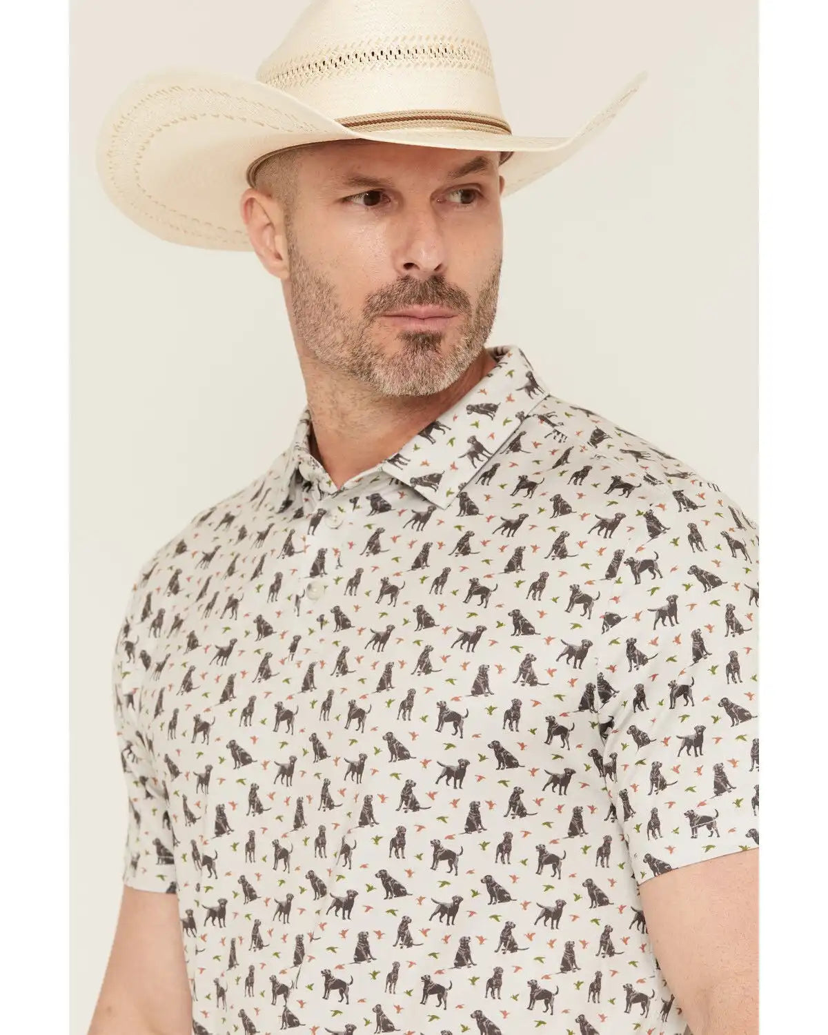 Burlebo Men's Ducks And Dogs Print Short Sleeve Button-Down Polo Shirt