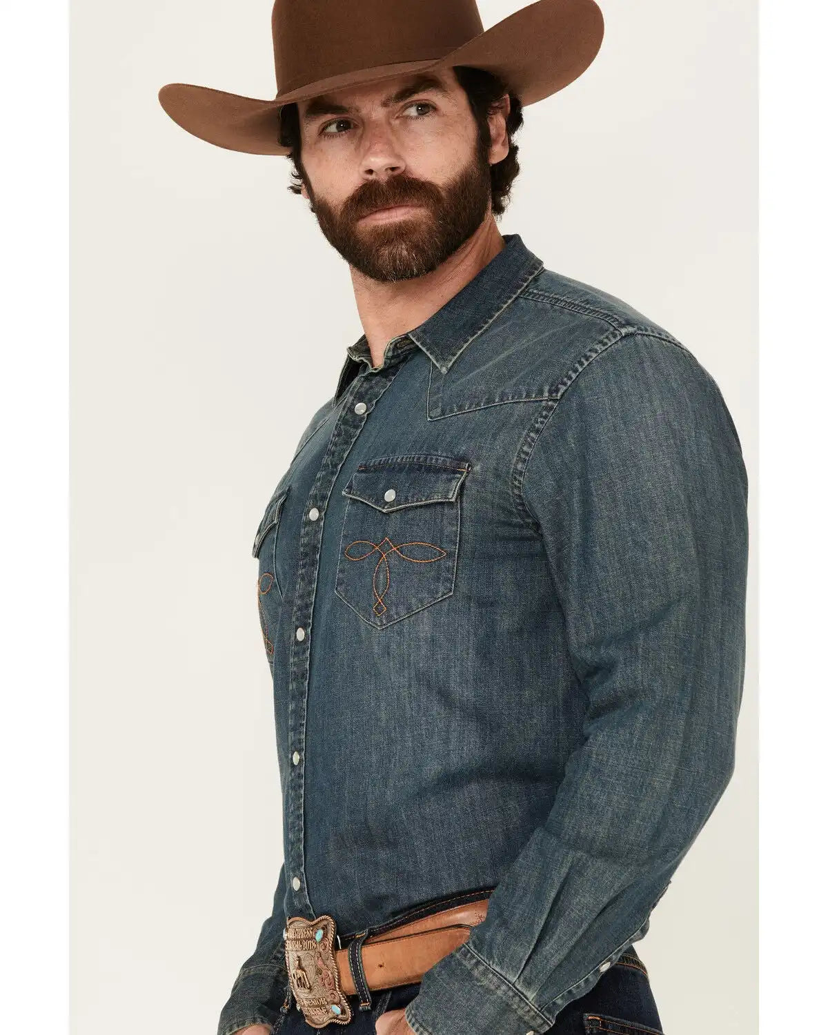 Cody James Men's Medium Wash Denim Long Sleeve Pearl Snap Western Shirt - Tall