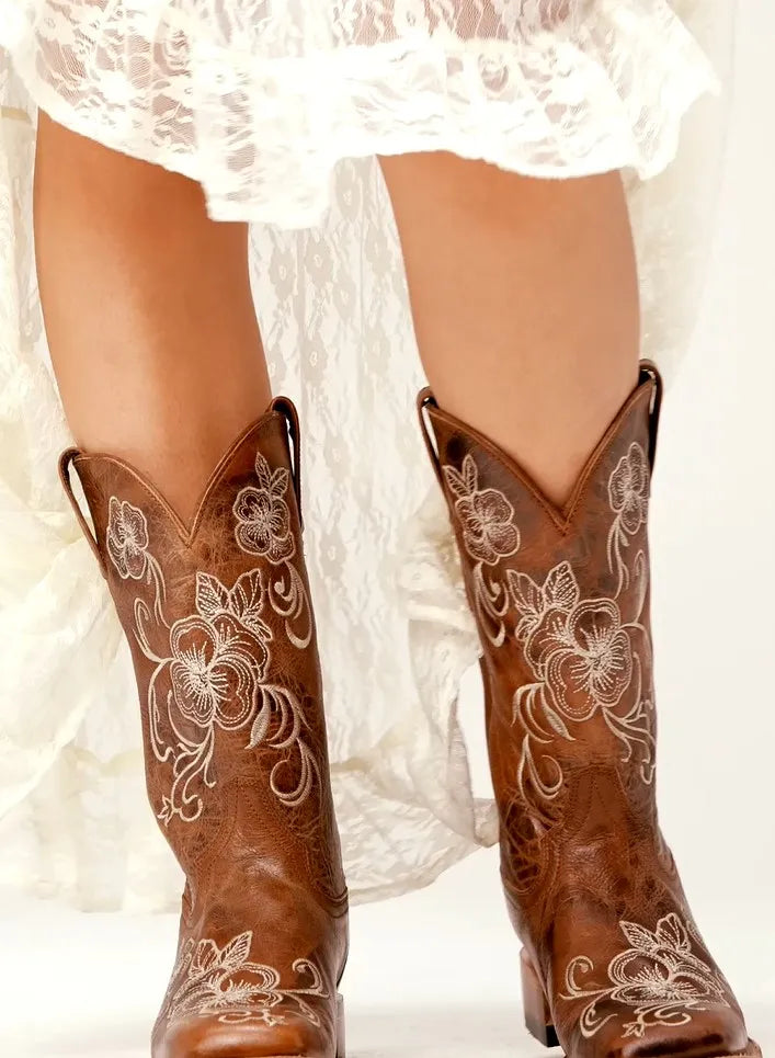 Shyanne Women's Lasy Floral Embroidered Western Boots - Broad Square Toe
