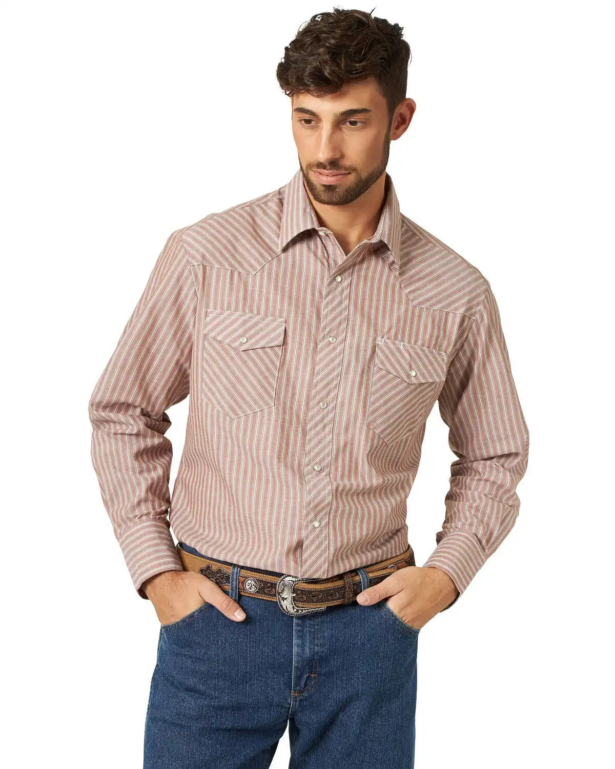 Wrangler Men's Assorted Stripe or Plaid Classic Long Sleeve Pearl Snap Western Shirt