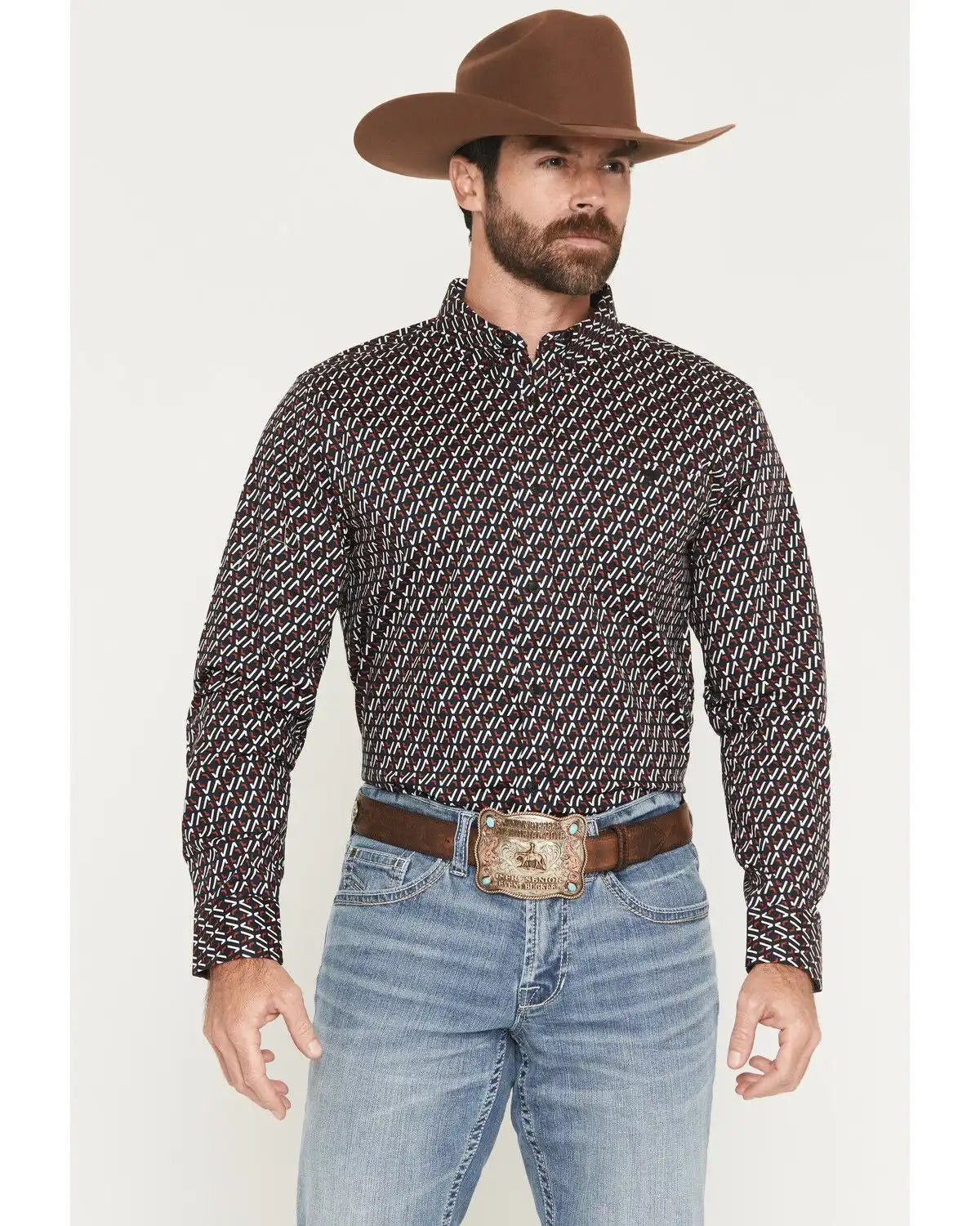 RANK 45® Men's Rough Road Geo Print Long Sleeve Button-Down Stretch Western Shirt