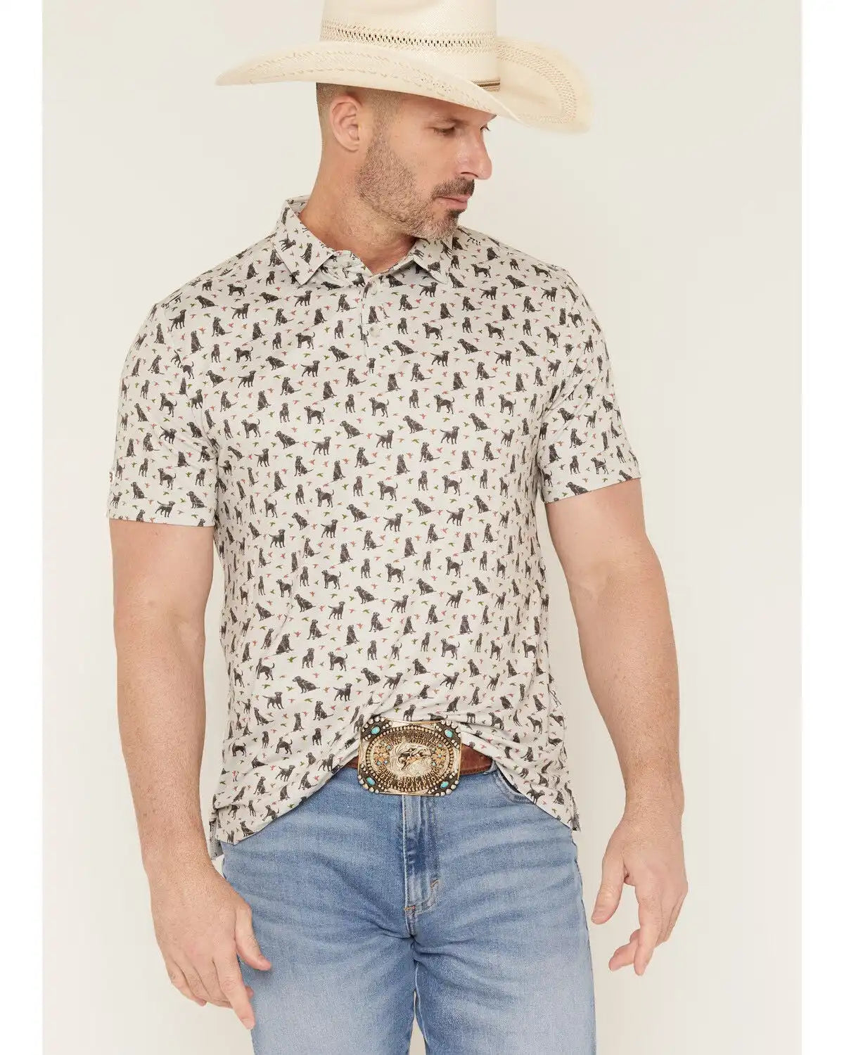 Burlebo Men's Ducks And Dogs Print Short Sleeve Button-Down Polo Shirt