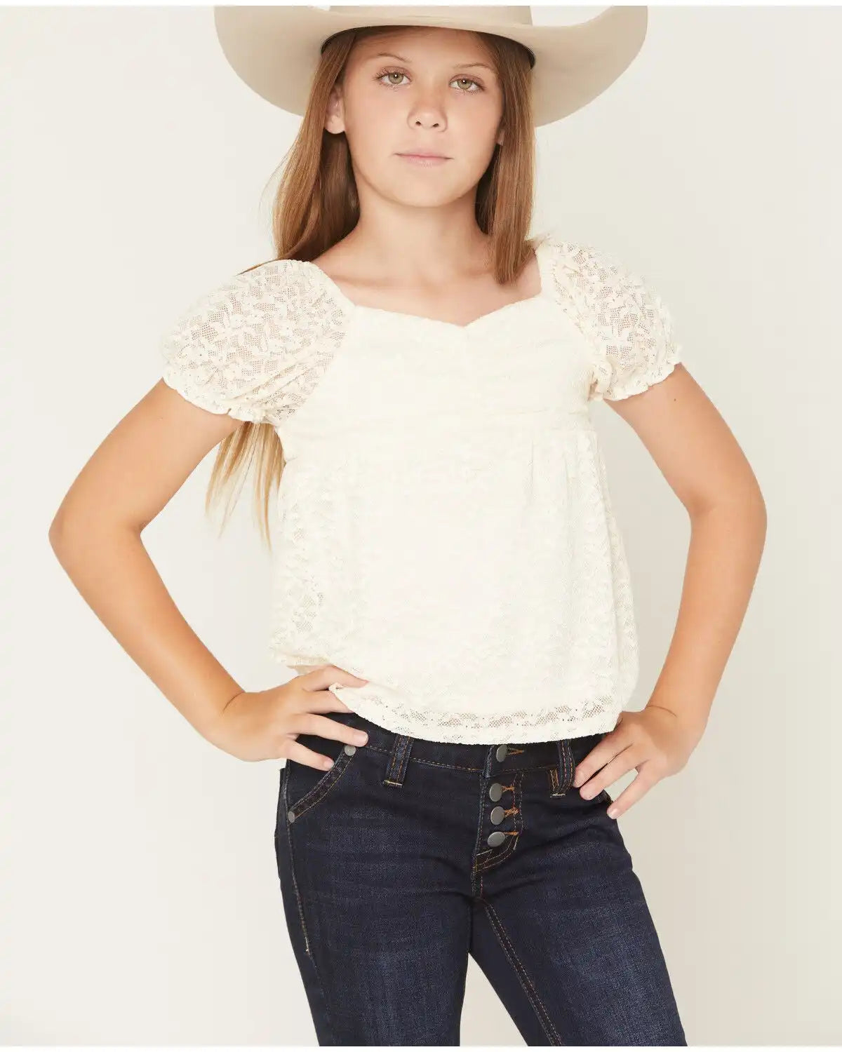 Sugar California Girls' Emma Solid Lace Short Sleeve Shirt