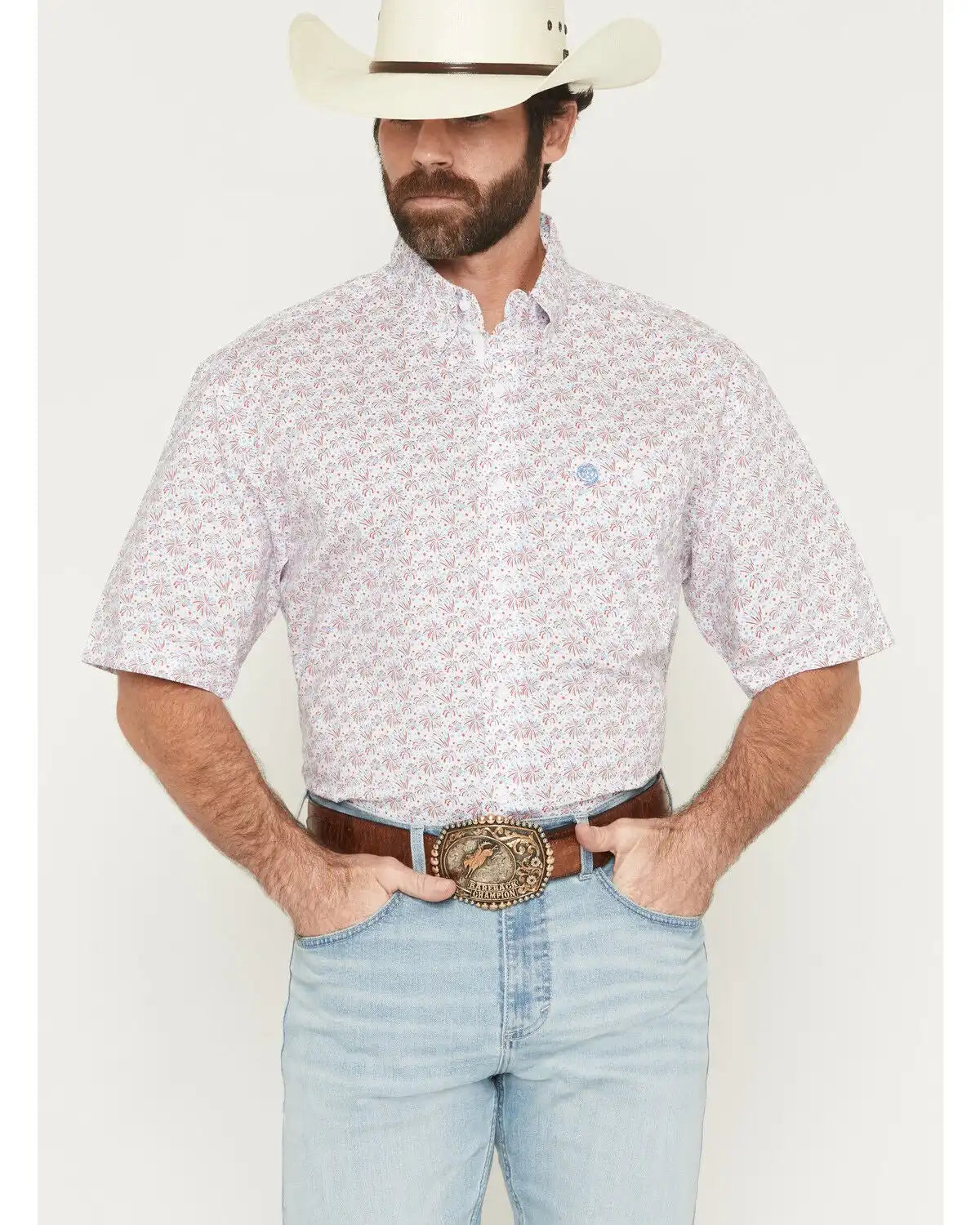 George Strait by Wrangler Men's Firework Print Short Sleeve Button-Down Stretch Western Shirt