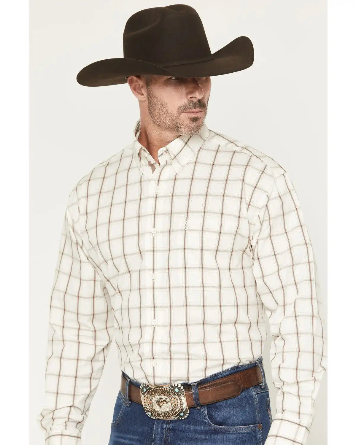 George Strait by Wrangler Men's Plaid Print Long Sleeve Button-Down Stretch Western Shirt