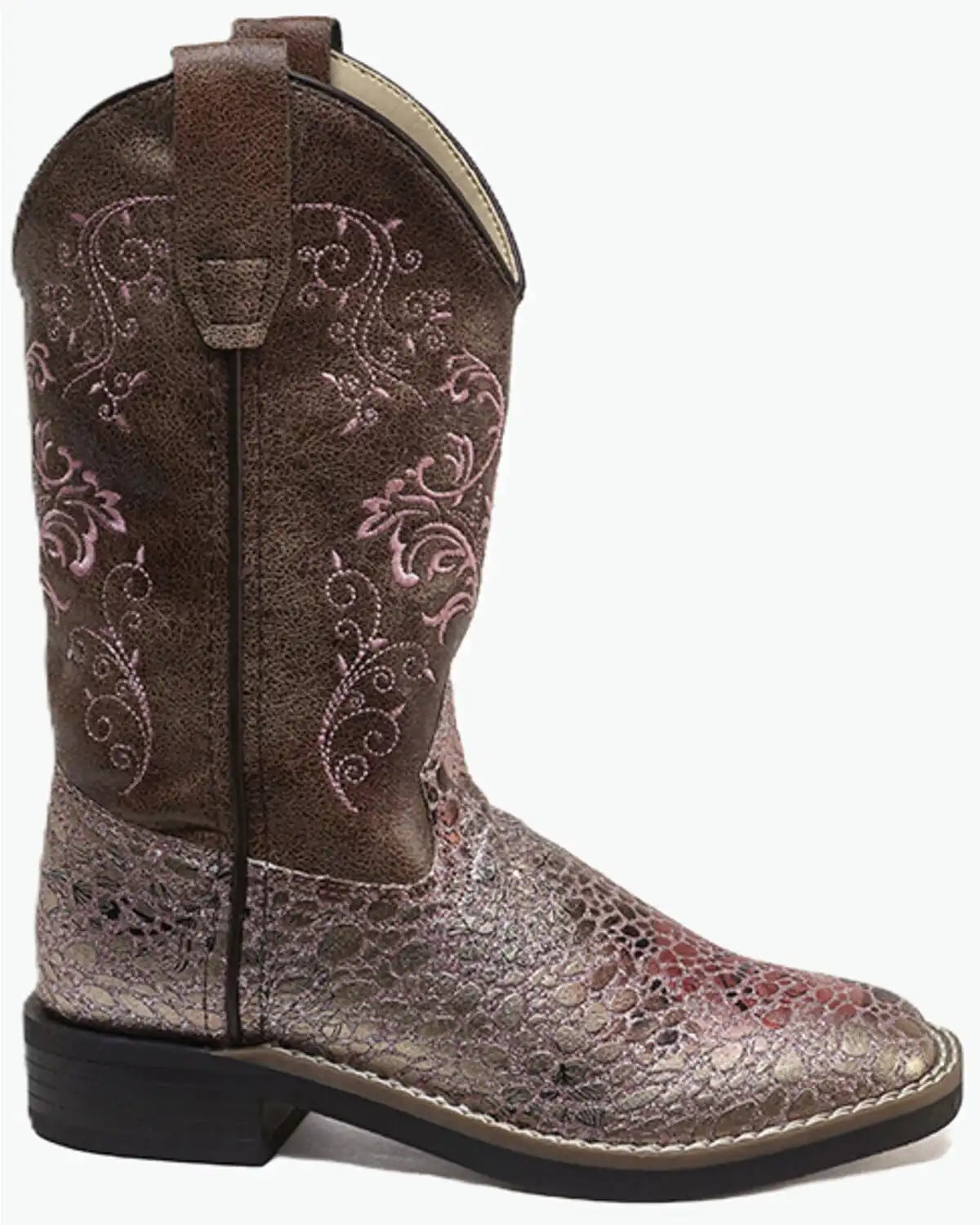 Old West Girls' Embroidered Metallic Western Boots - Broad Square Toe