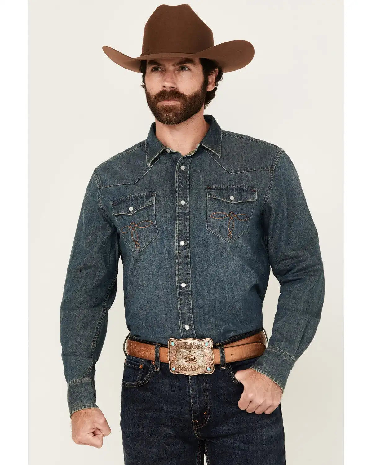 Cody James Men's Medium Wash Denim Long Sleeve Pearl Snap Western Shirt - Tall