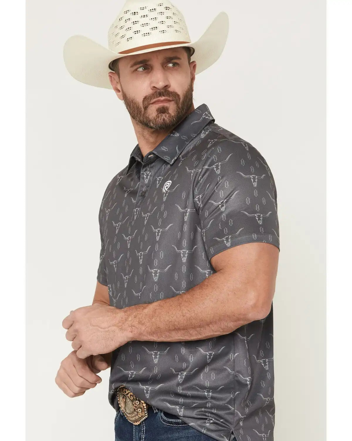 Rock & Roll Denim Men's Steer Skull Print Short Sleeve Button-Down Stretch Polo