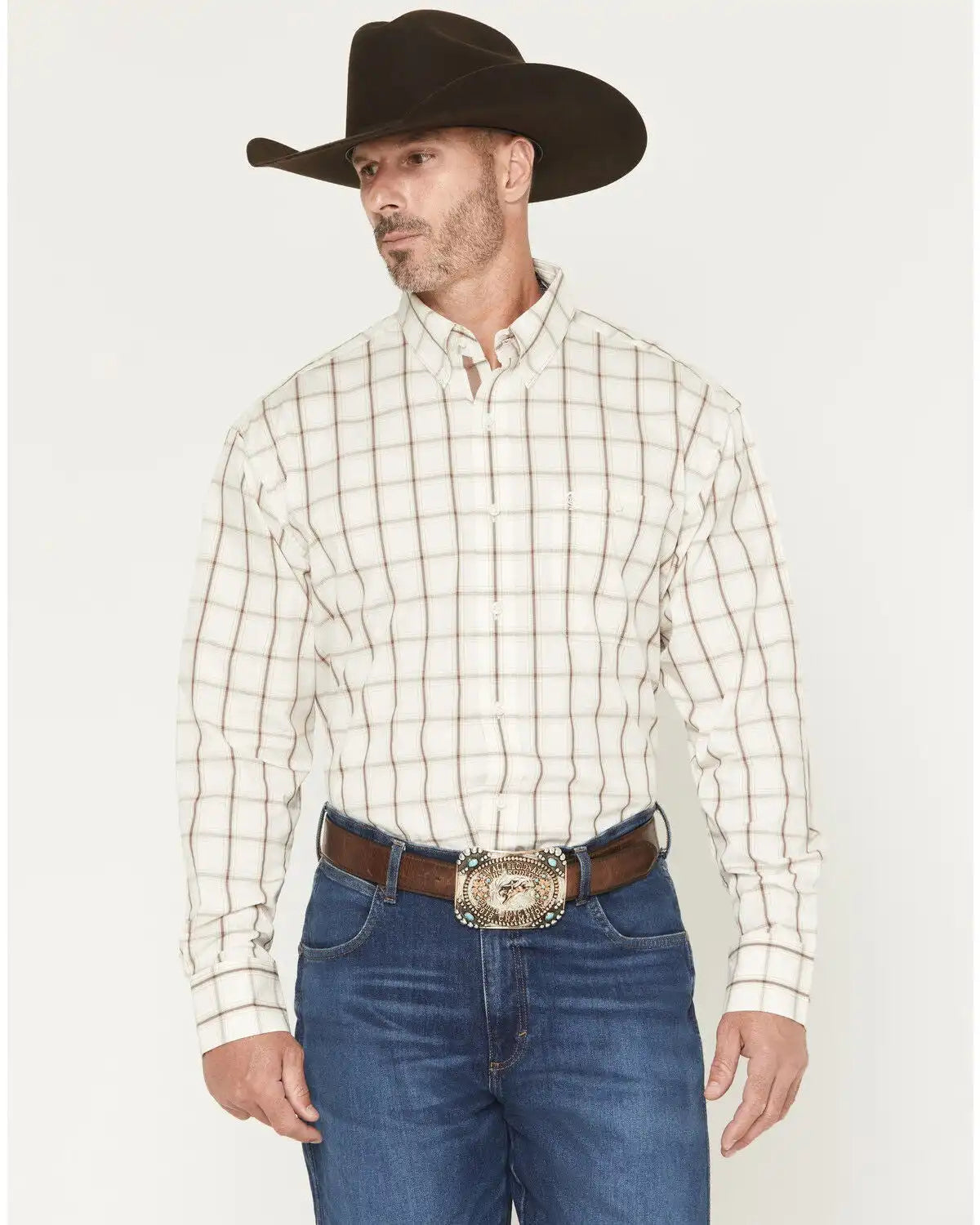 George Strait by Wrangler Men's Plaid Print Long Sleeve Button-Down Stretch Western Shirt