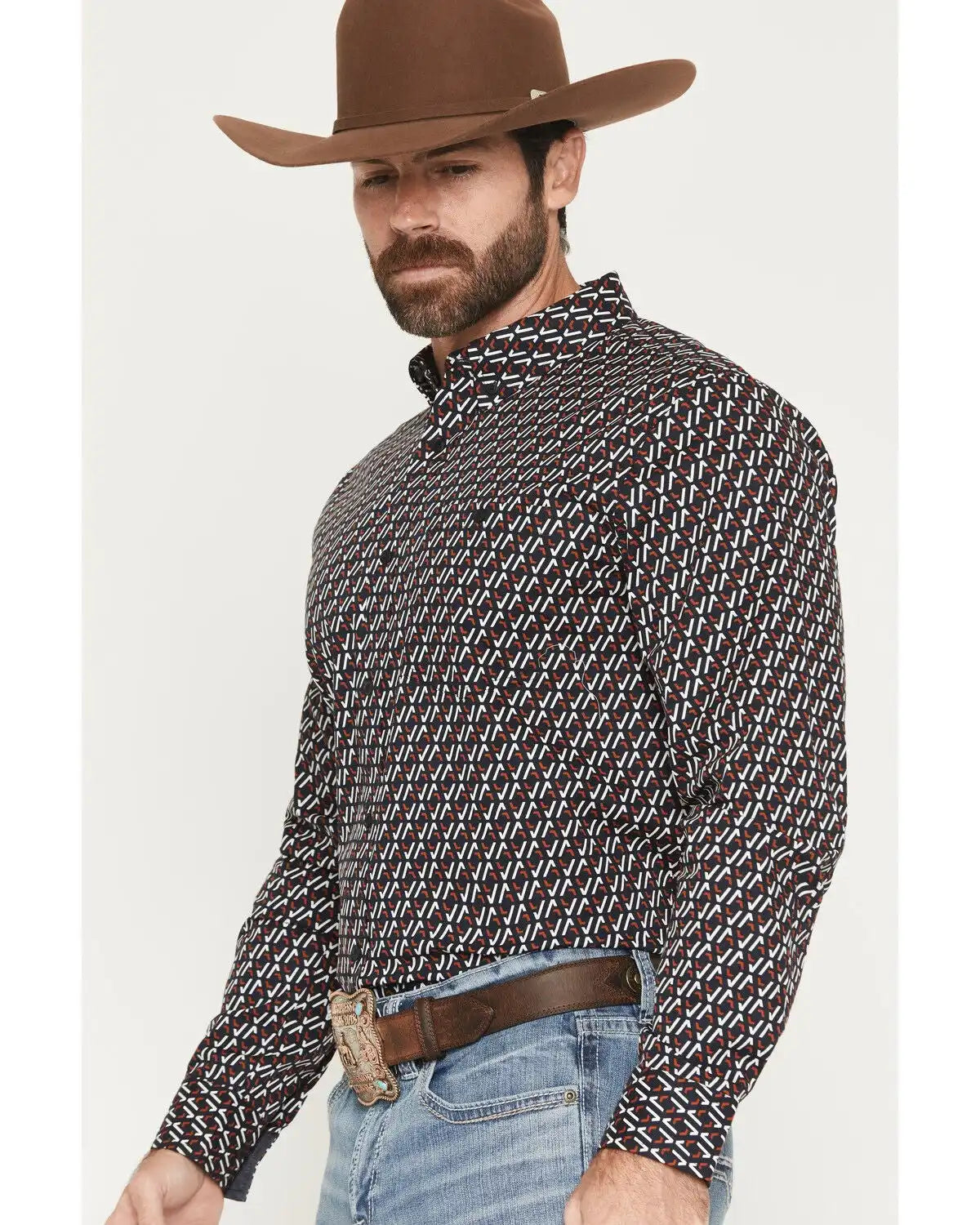 RANK 45® Men's Rough Road Geo Print Long Sleeve Button-Down Stretch Western Shirt