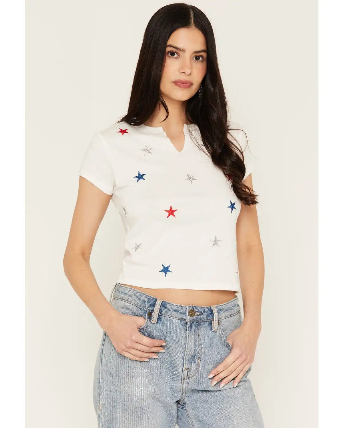 Blended Women's Americana Star Embroidered Short Sleeve Baby Tee