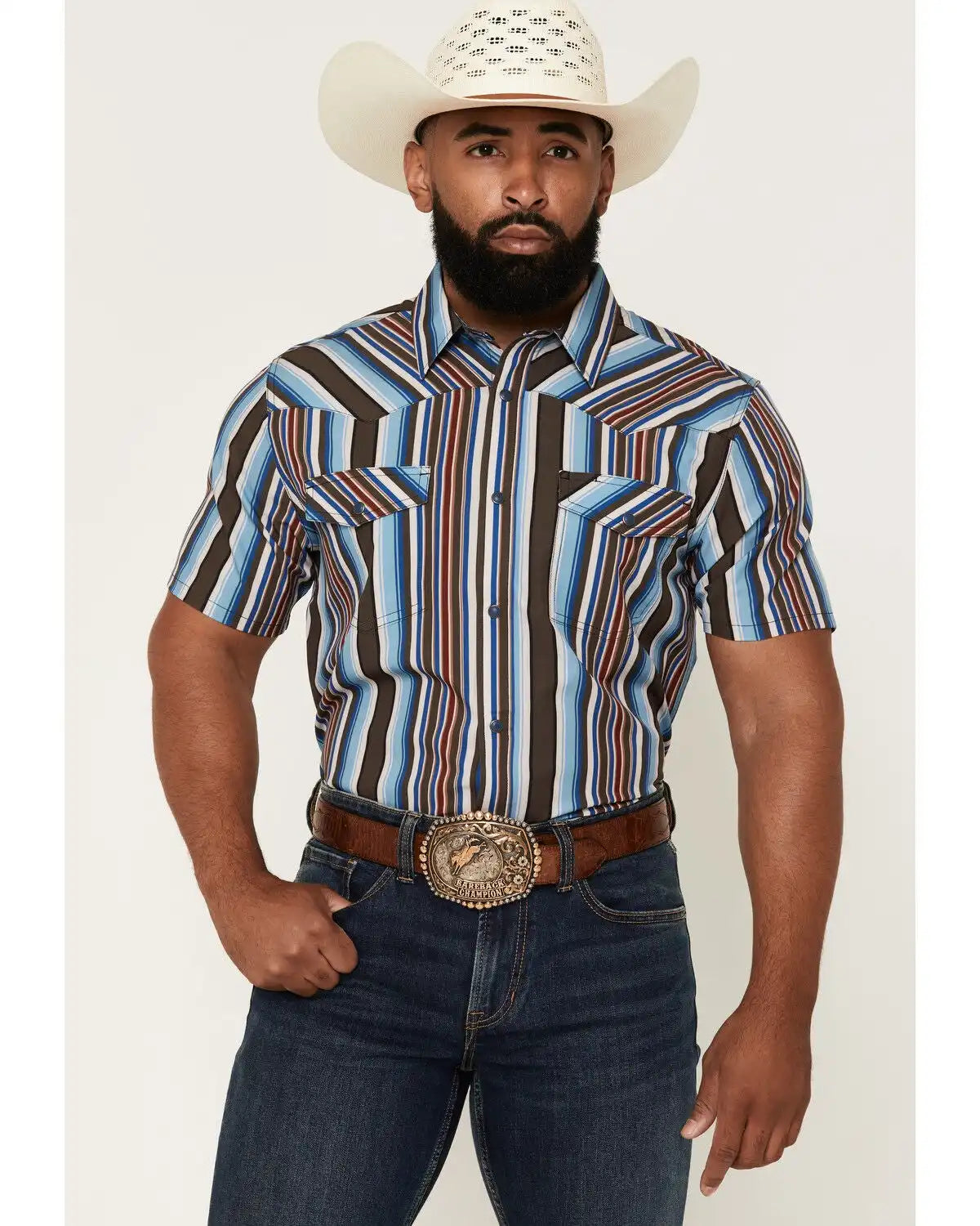 RANK 45® Men's RODEOTEK™ 2.0 Striped Print Short Sleeve Stretch Performance Shirt