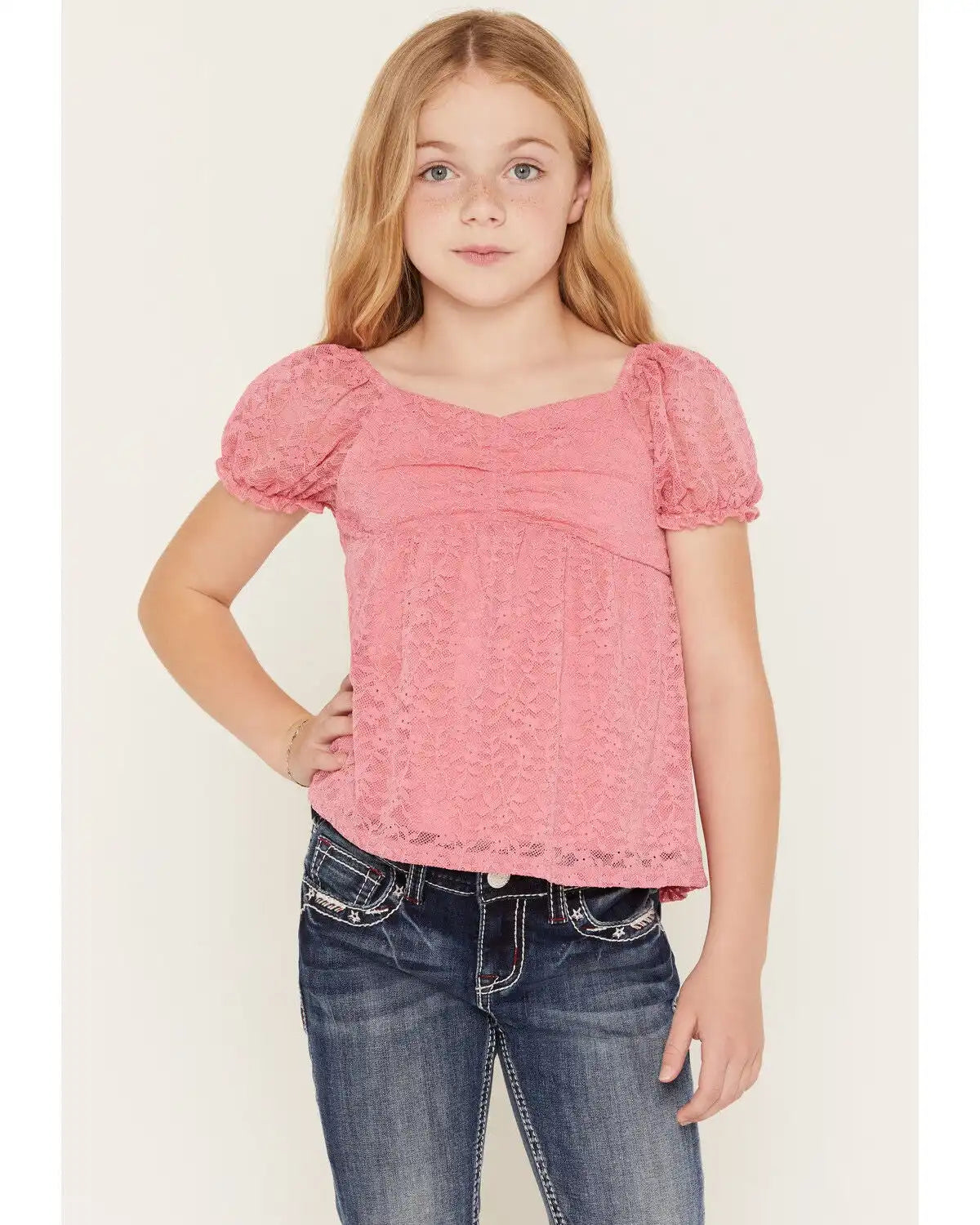 Sugar California Girls' Lace Short Puff Sleeve Shirt