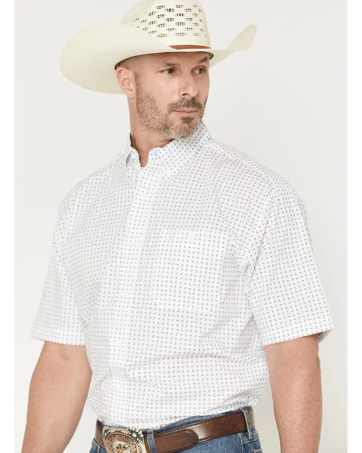 George Strait by Wrangler Men's Geo Print Short Sleeve Button-Down Stretch Western Shirt